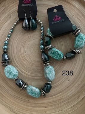 238 Paparazzi Teal & Silver Beaded Necklace, Bracelet and Earring Set